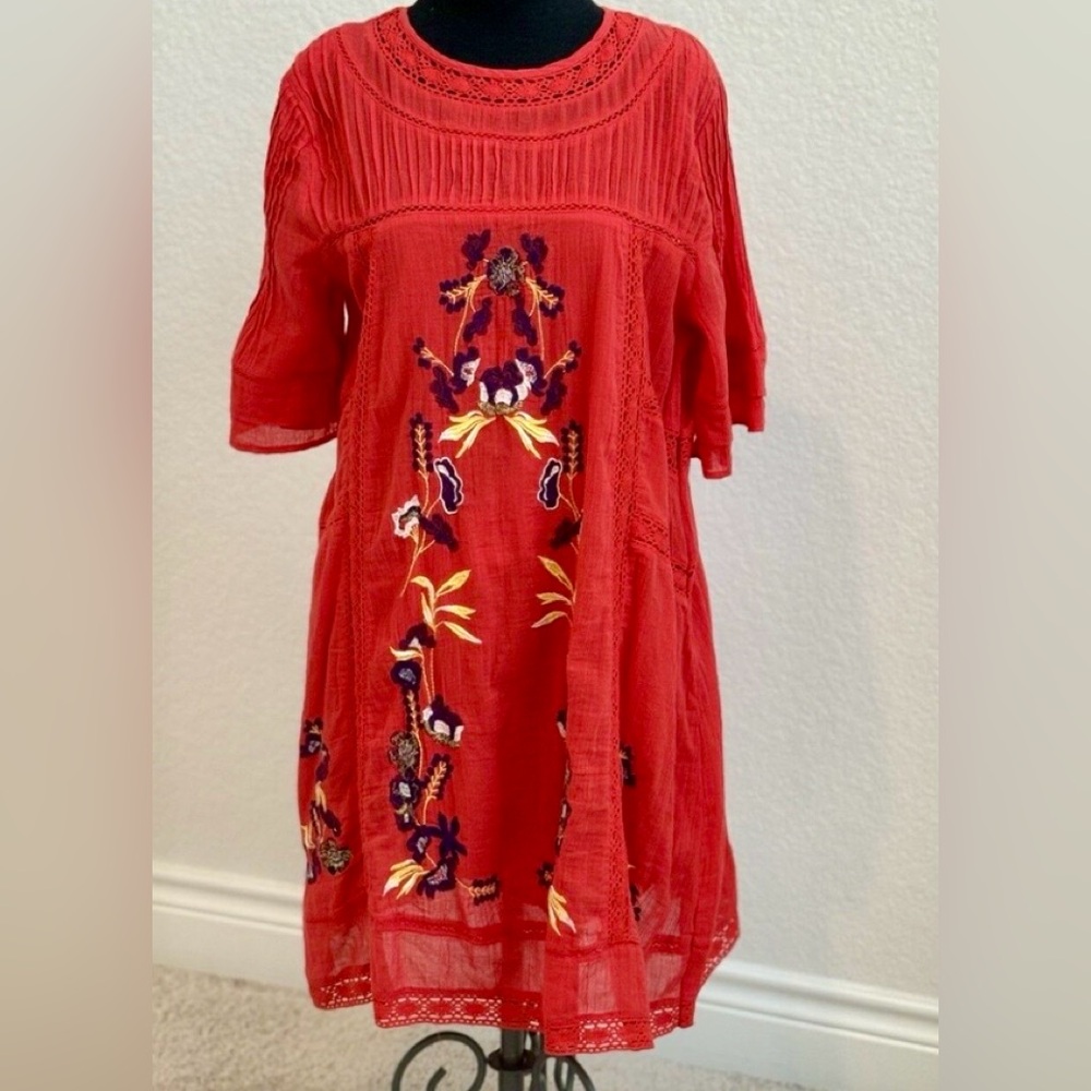 Free People Perfectly Victorian Gauze Embroidered Boho Peasant Tunic Dress M